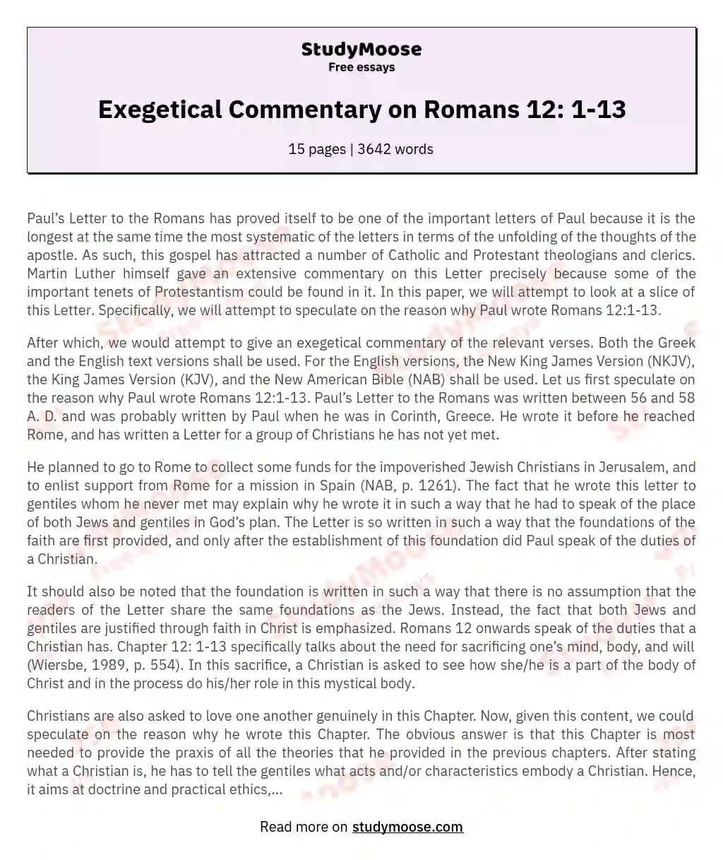 Exegetical Commentary on Romans 12: 1-13