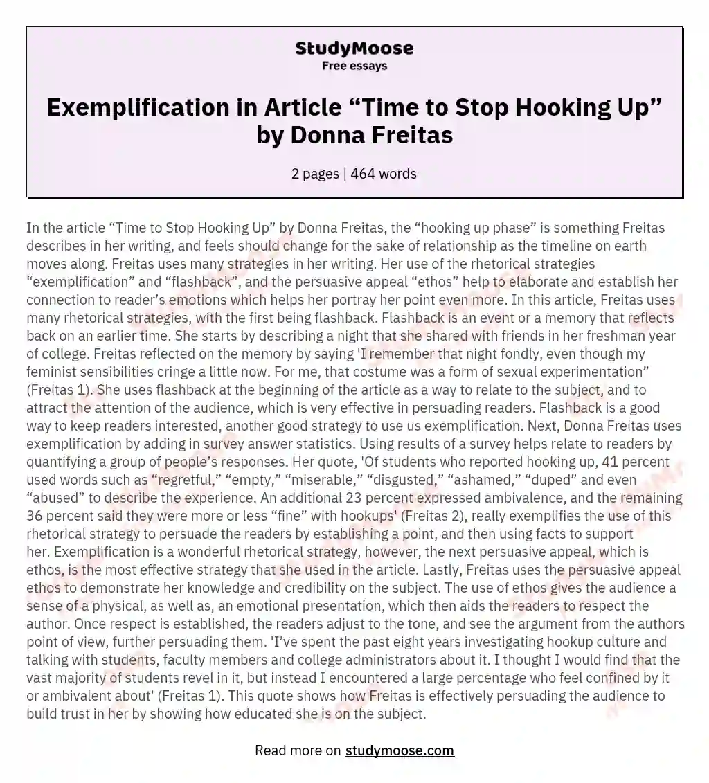 Exemplification in Article “Time to Stop Hooking Up” by Donna Freitas essay