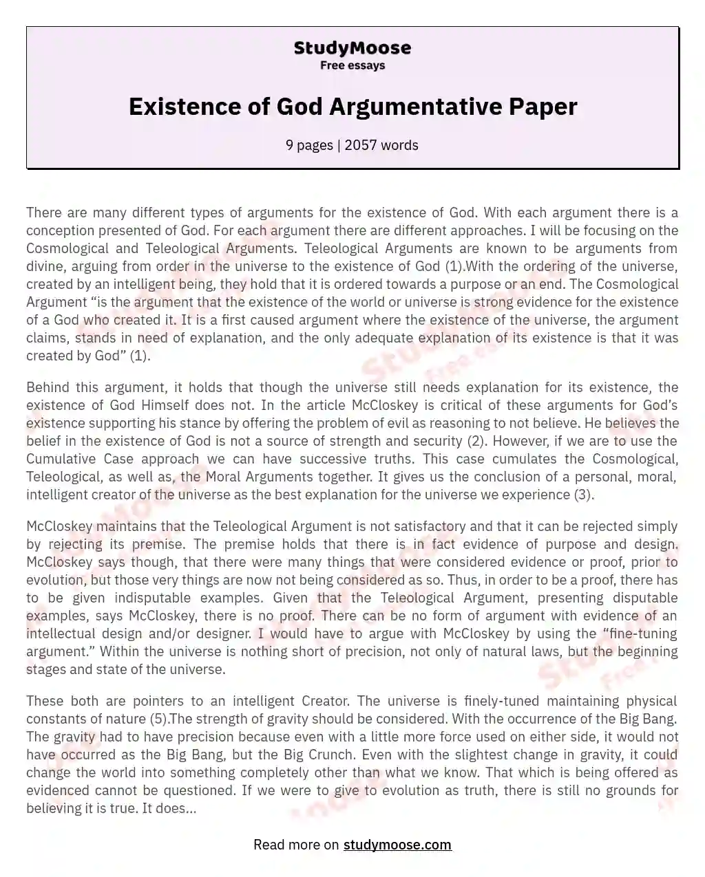 Existence of God Argumentative Paper essay