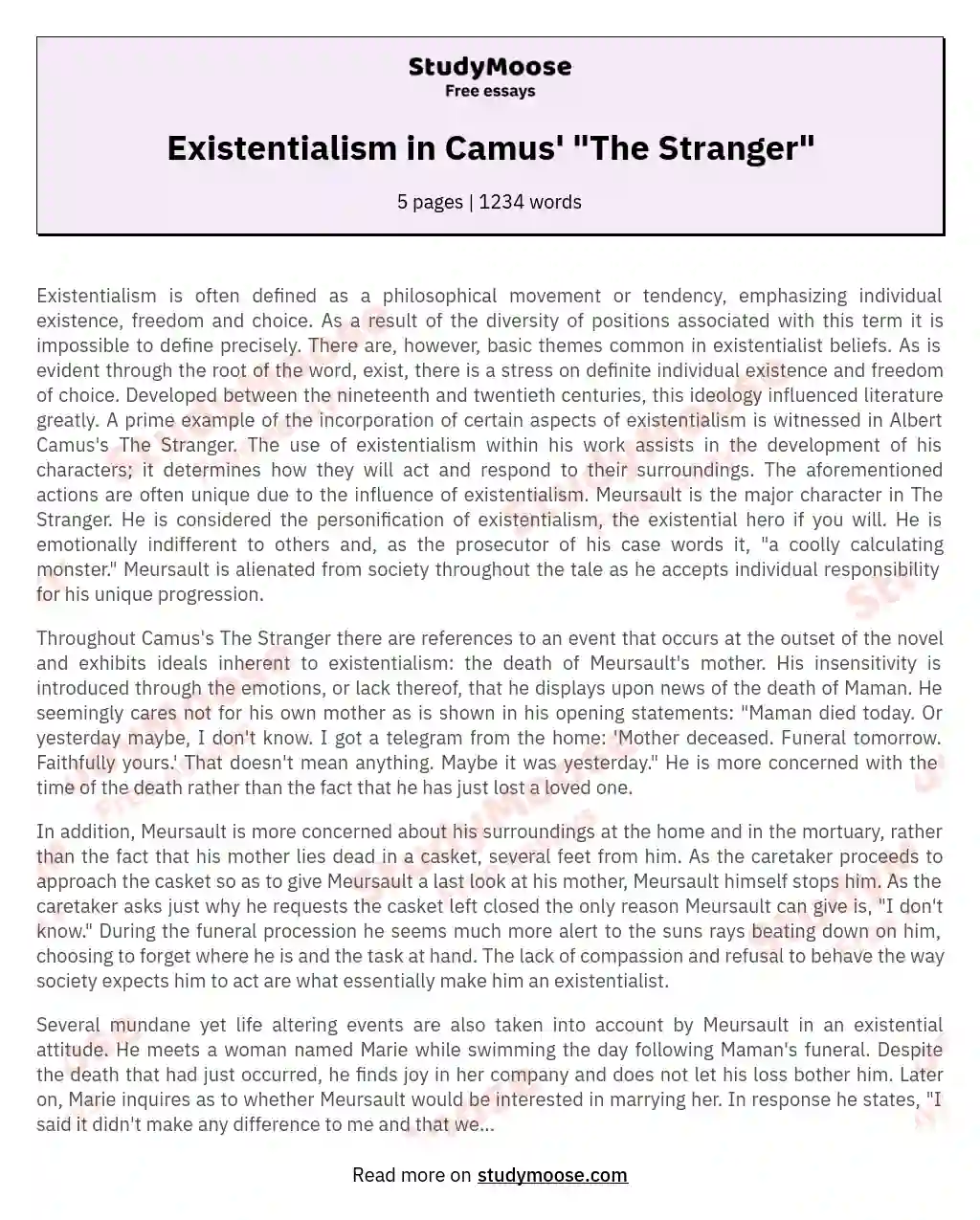 Existentialism in Camus' "The Stranger" essay