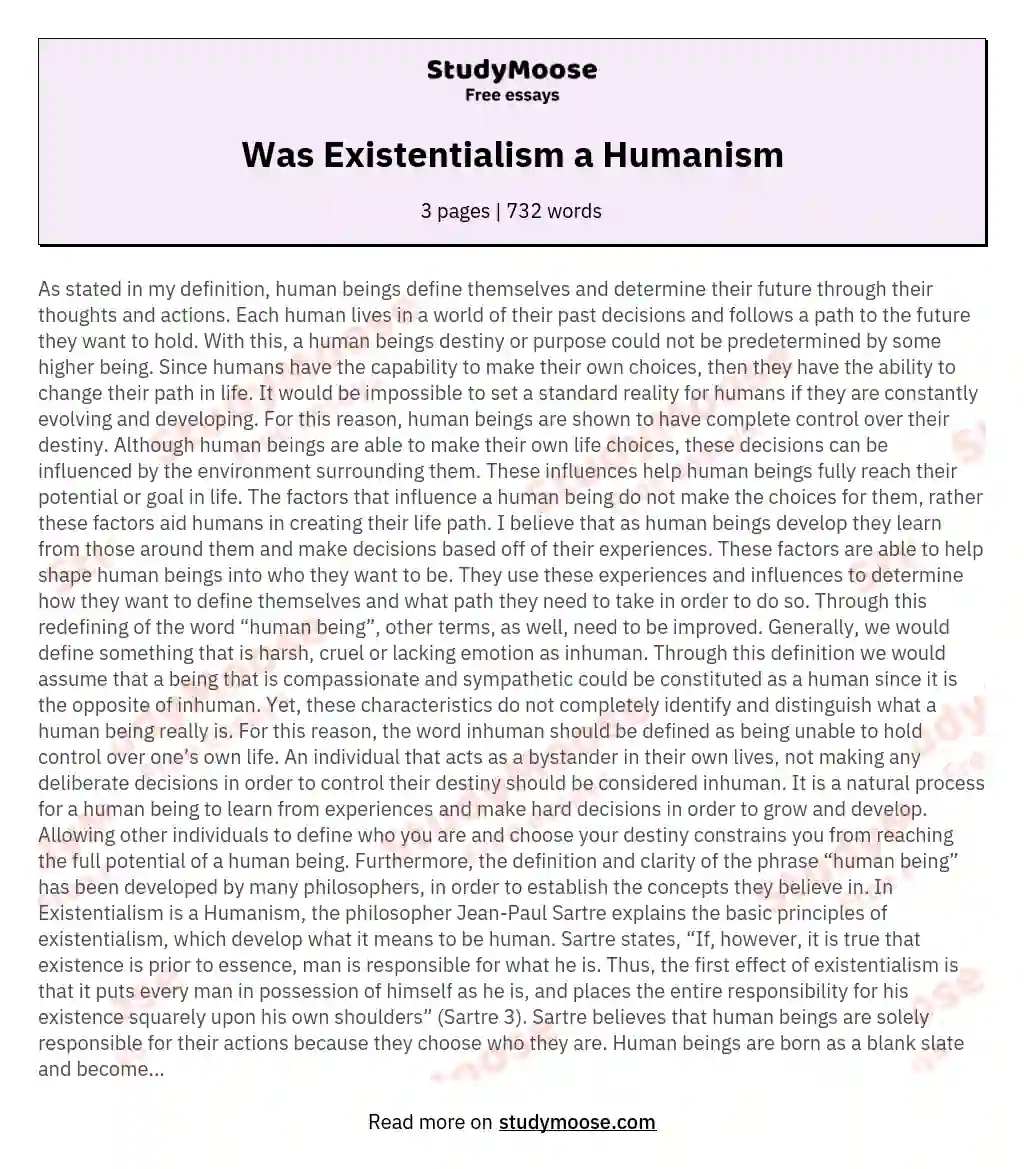 Was Existentialism a Humanism essay