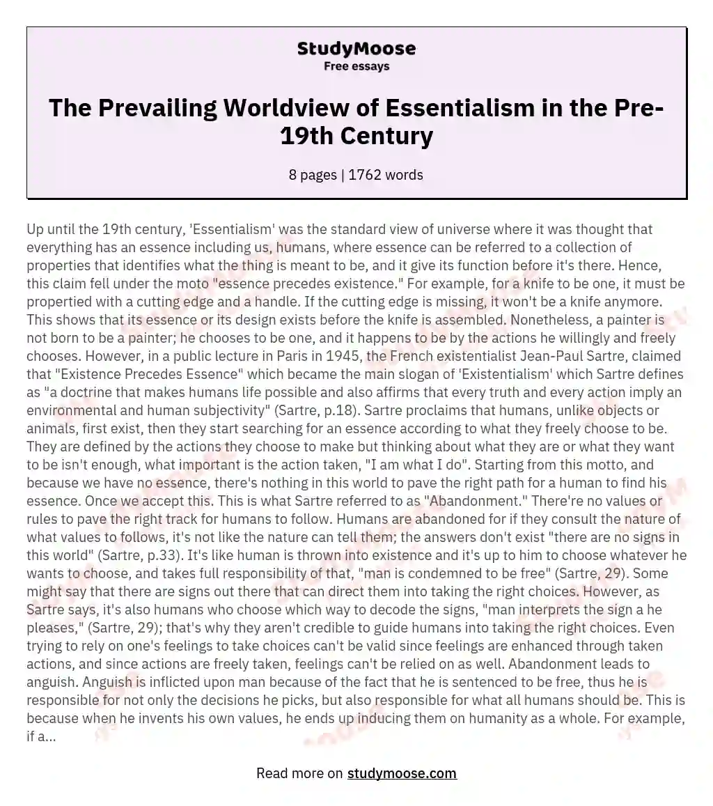 The Prevailing Worldview of Essentialism in the Pre-19th Century