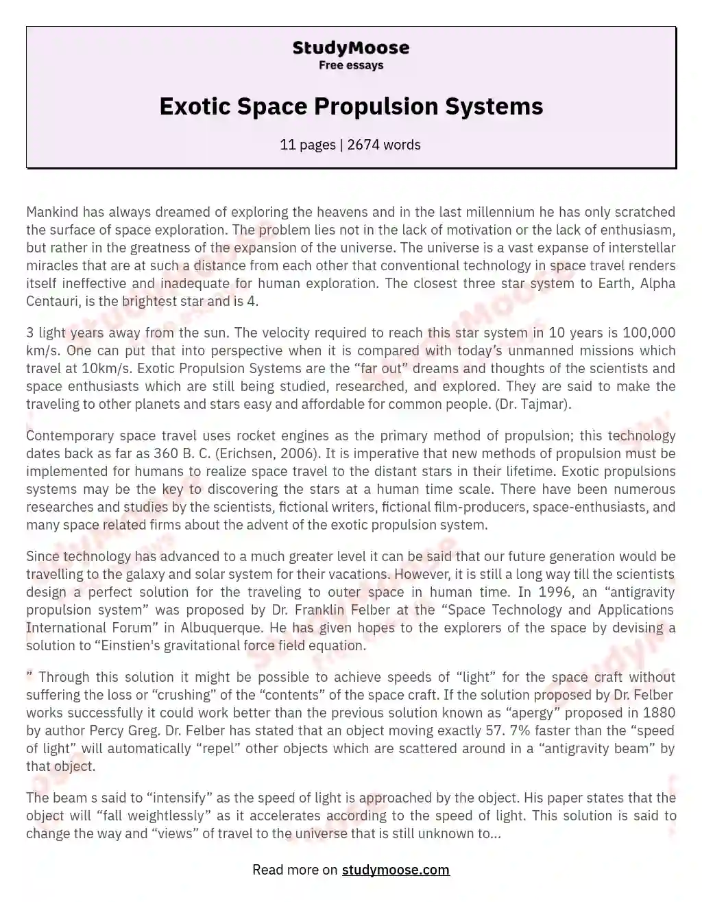 Exotic Space Propulsion Systems essay