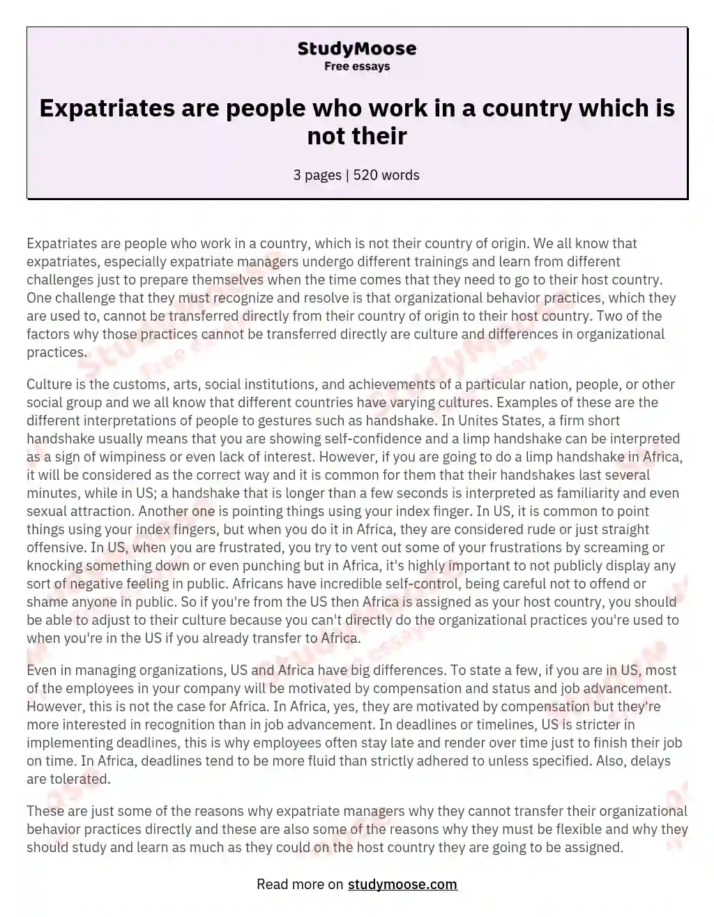 Expatriates are people who work in a country which is not their essay