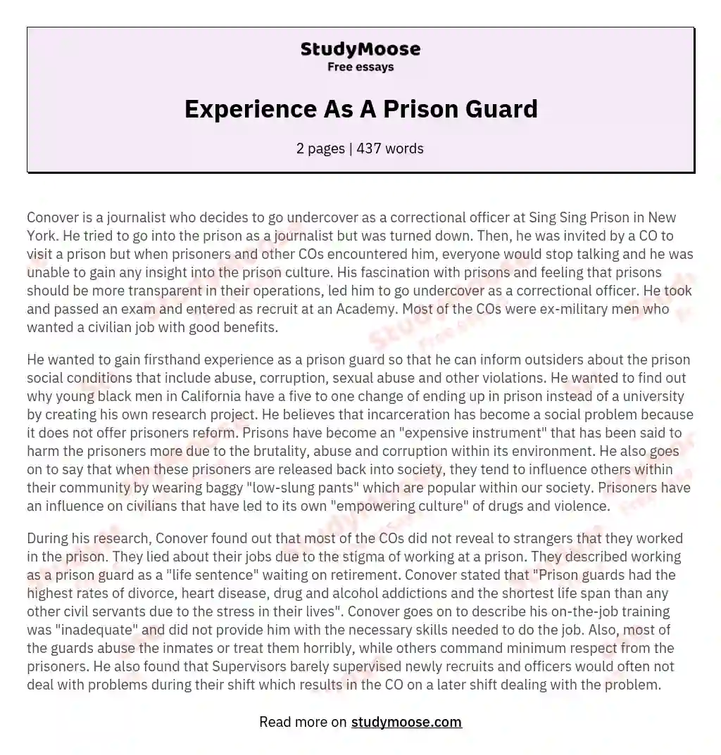 Experience As A Prison Guard essay