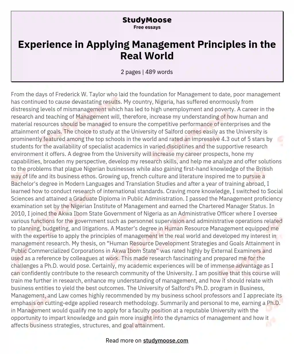 Experience in Applying Management Principles in the Real World essay