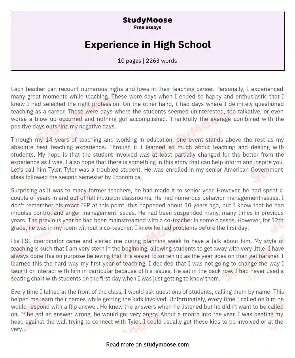 essay on my experience in high school