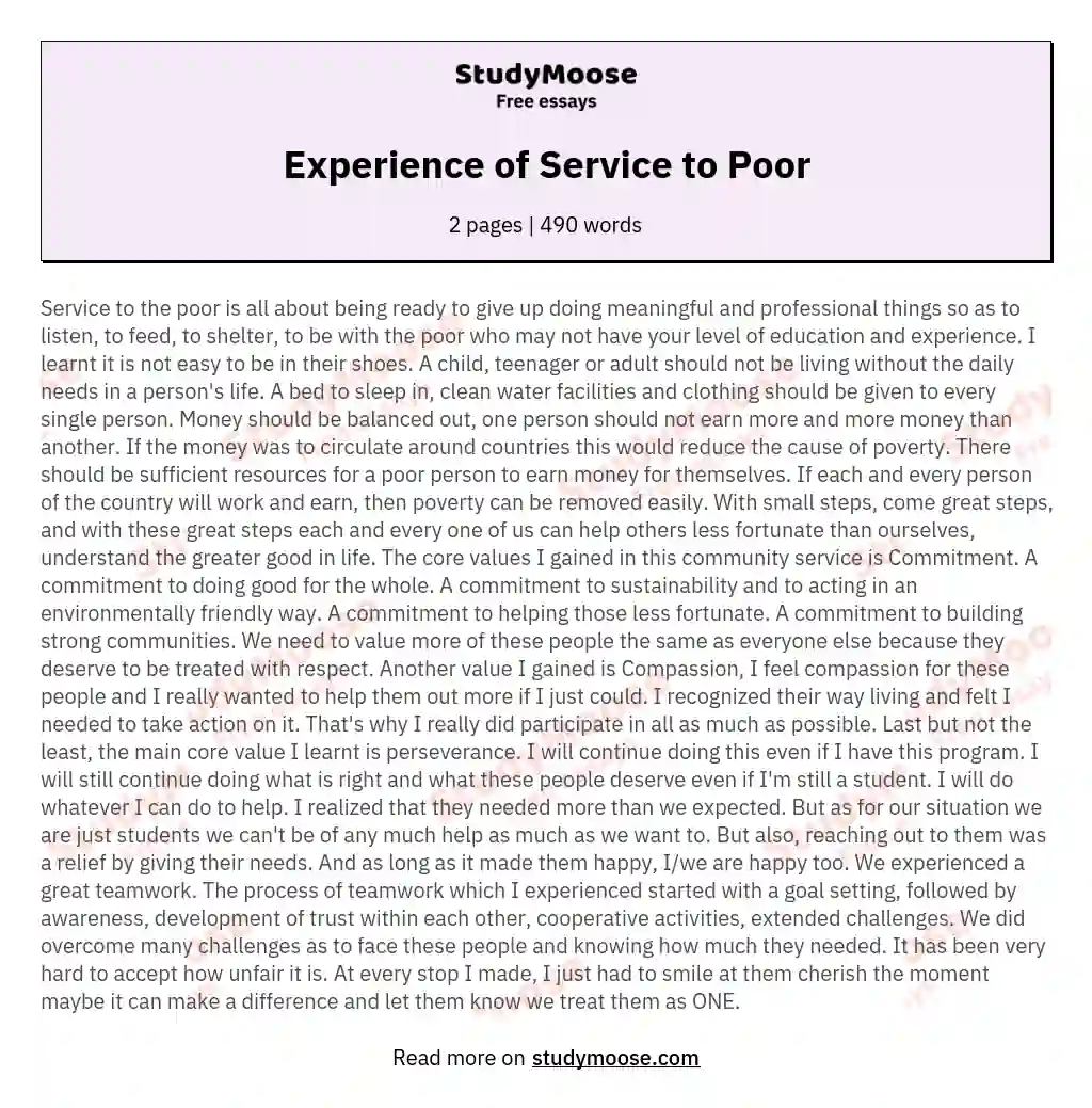 Experience of Service to Poor essay