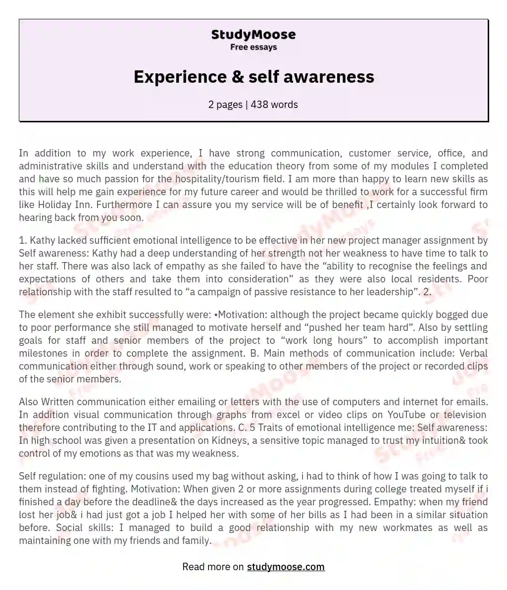 Experience &amp; self awareness