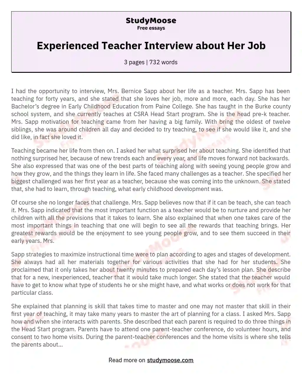 Experienced Teacher Interview about Her Job essay
