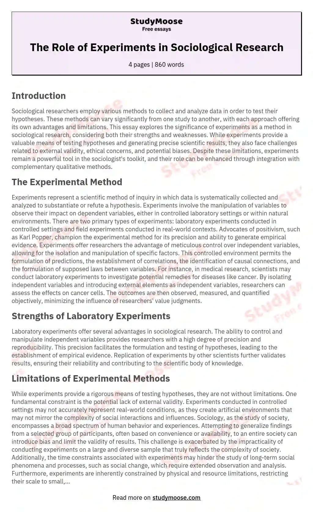 The Role of Experiments in Sociological Research essay