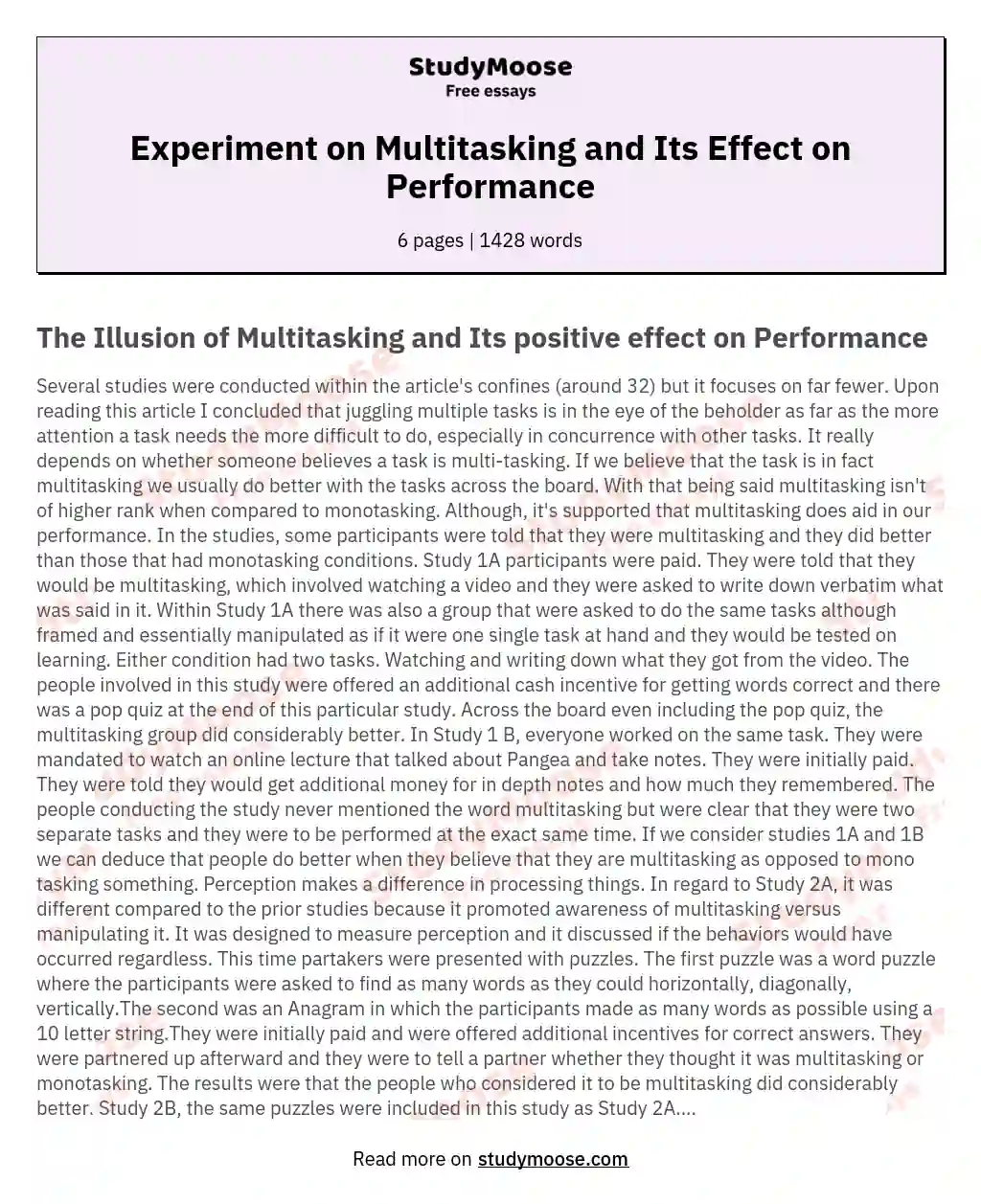 Experiment on Multitasking and Its Effect on Performance essay
