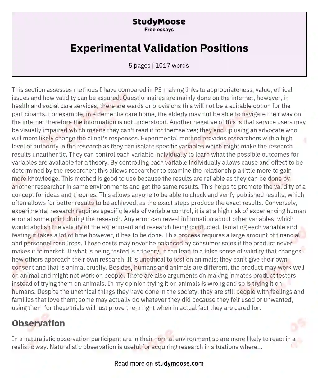 Experimental Validation Positions essay