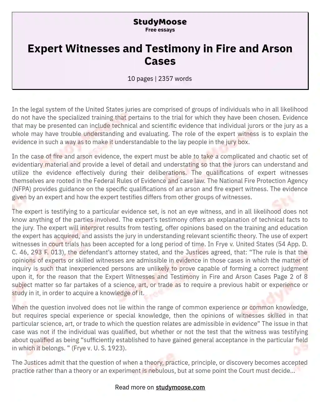 Expert Witnesses and Testimony in Fire and Arson Cases