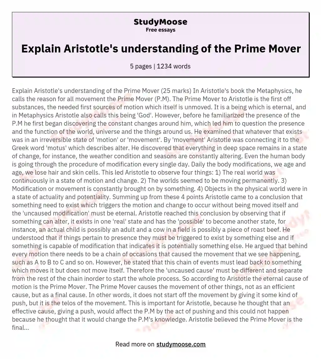Explain Aristotle's understanding of the Prime Mover essay