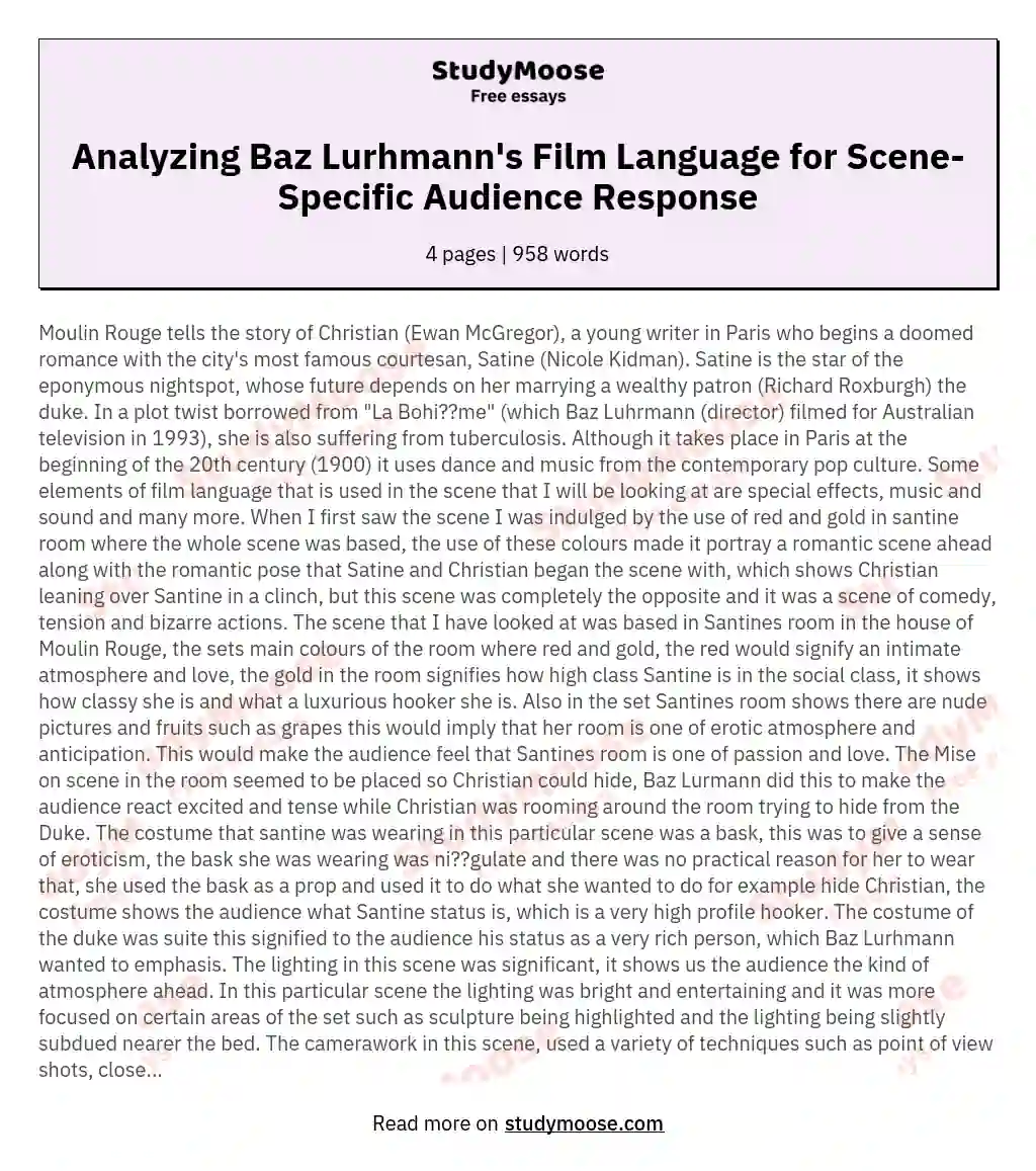 Analyzing Baz Lurhmann's Film Language for Scene-Specific Audience Response essay