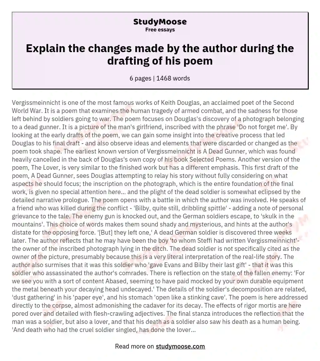 Explain the changes made by the author during the drafting of his poem essay