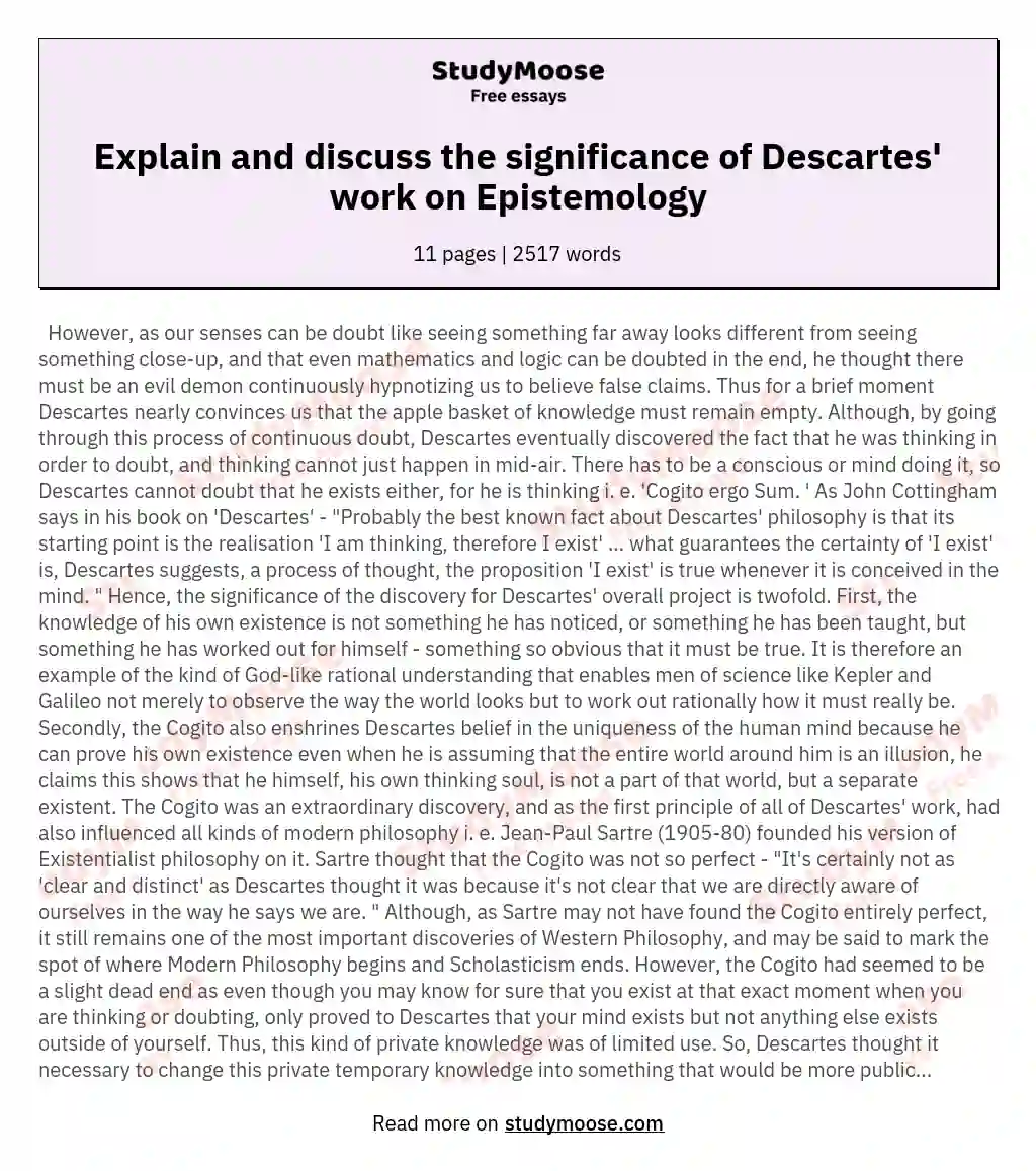 Explain and discuss the significance of Descartes' work on Epistemology essay