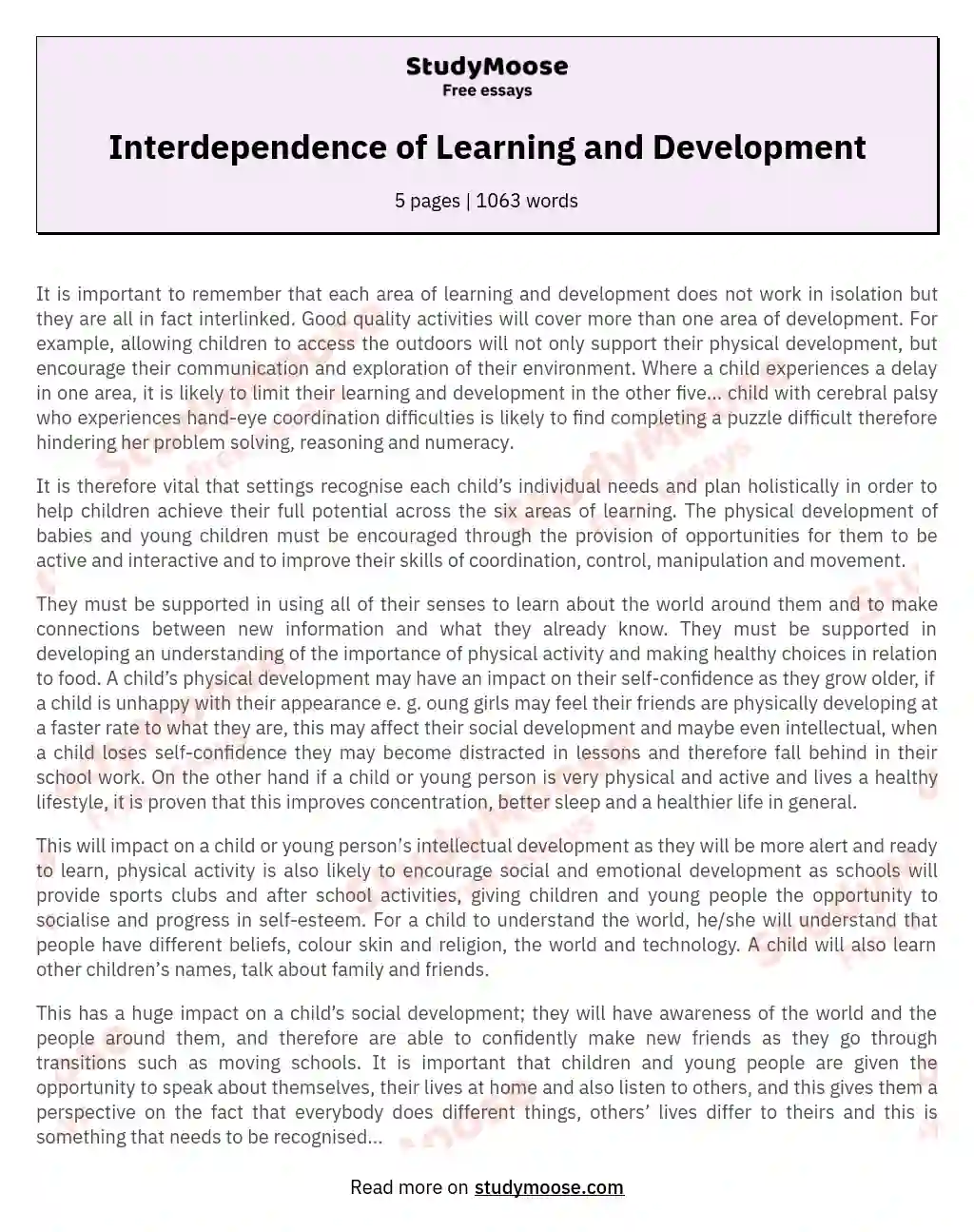 Explain each of the areas of learning and development and how they are interdependent