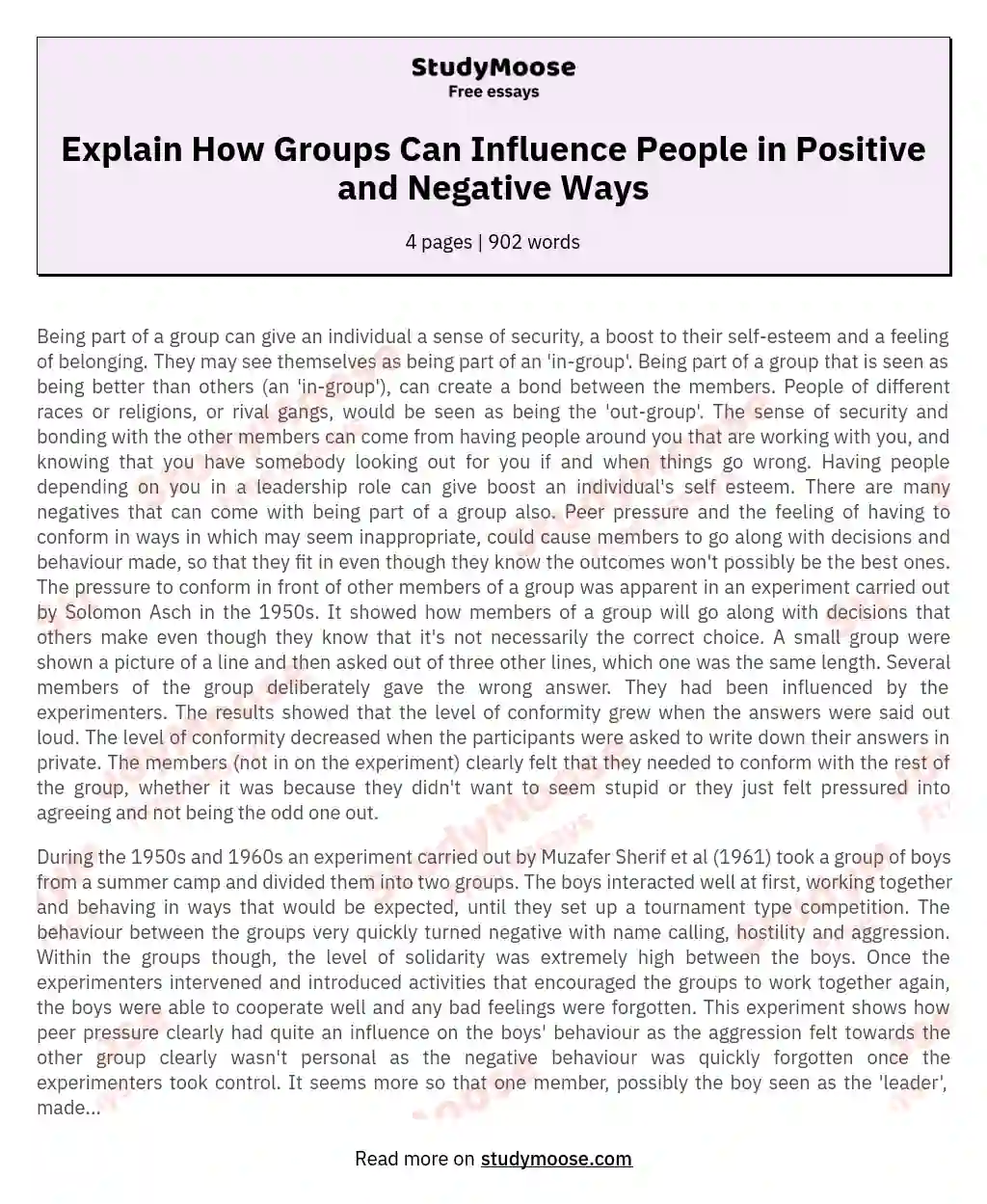 Explain How Groups Can Influence People in Positive and Negative Ways essay