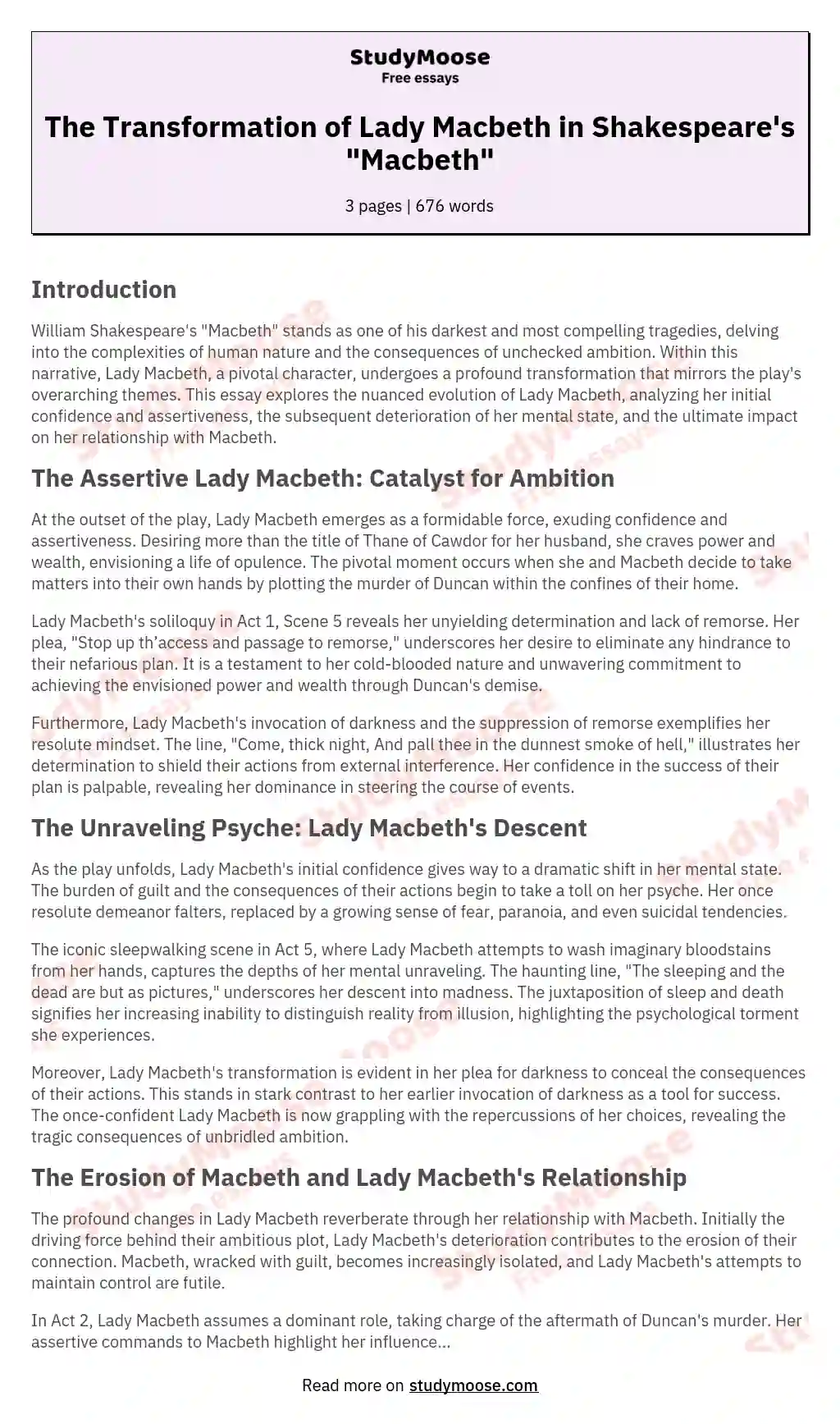 The Transformation of Lady Macbeth in Shakespeare's "Macbeth" essay