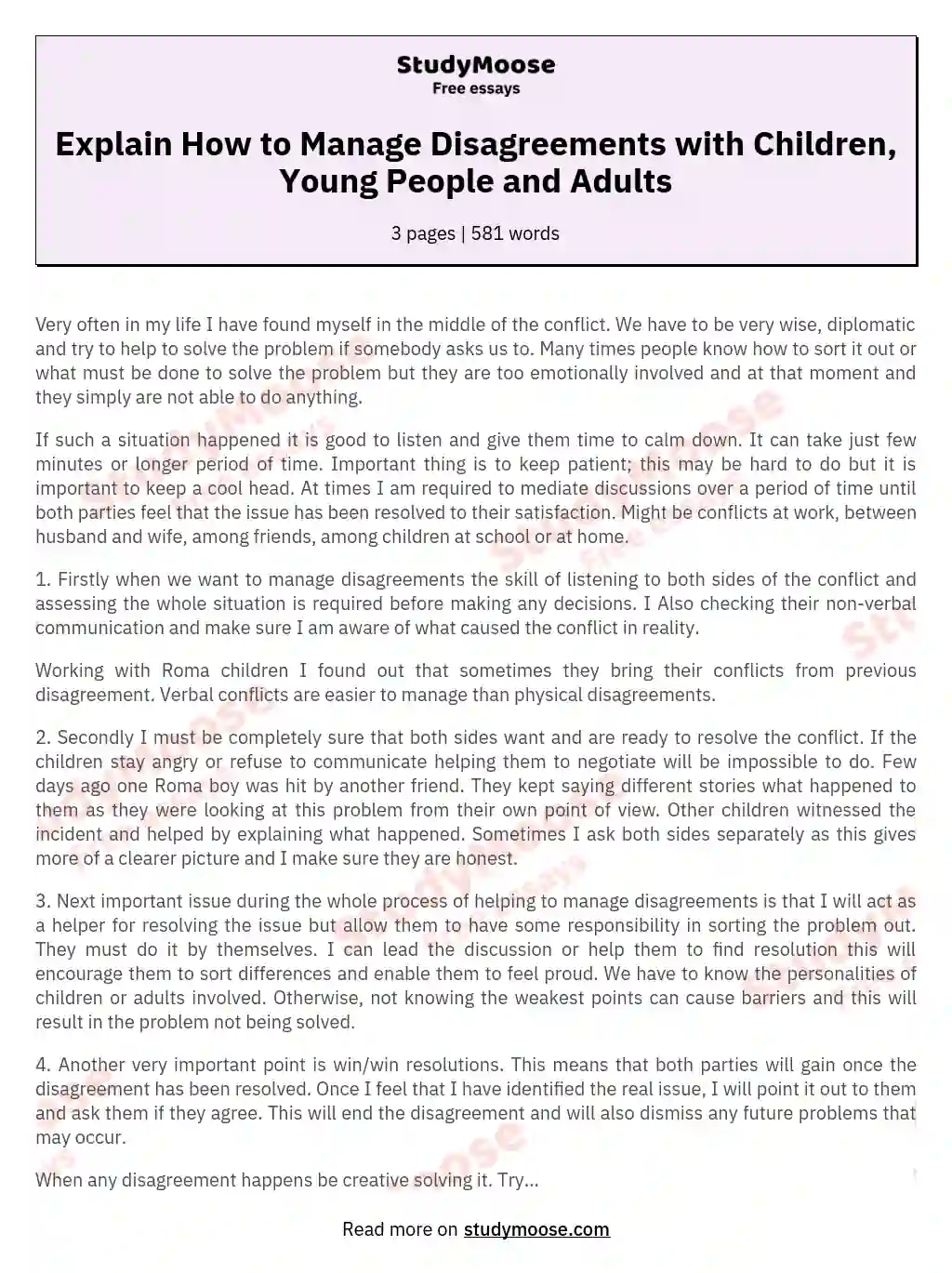 Explain How to Manage Disagreements with Children, Young People and Adults essay