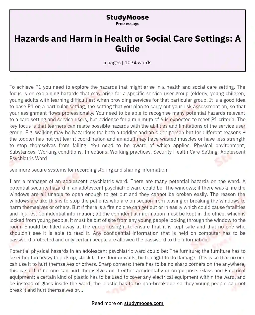 Explain Potential Hazards And The Harm That May Arise From Each In A Health Or Social Care Setting