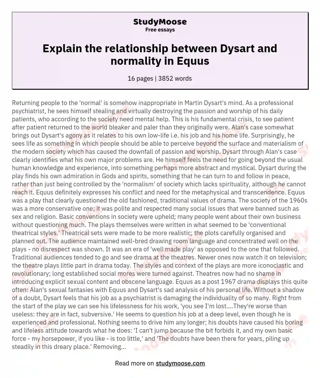 Explain the relationship between Dysart and normality in Equus essay