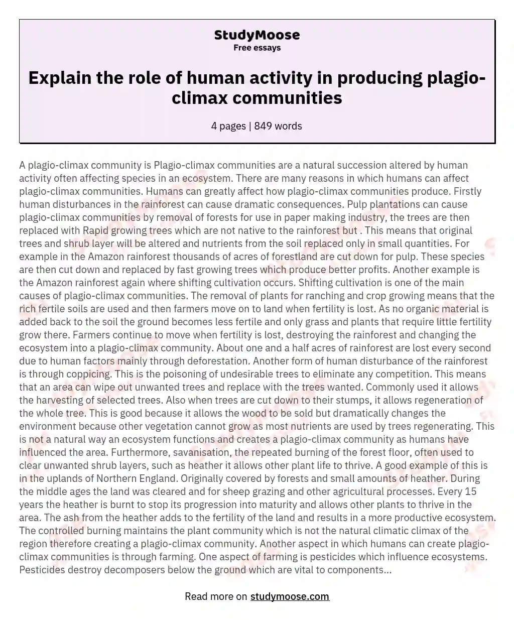 Explain the role of human activity in producing plagio-climax communities essay