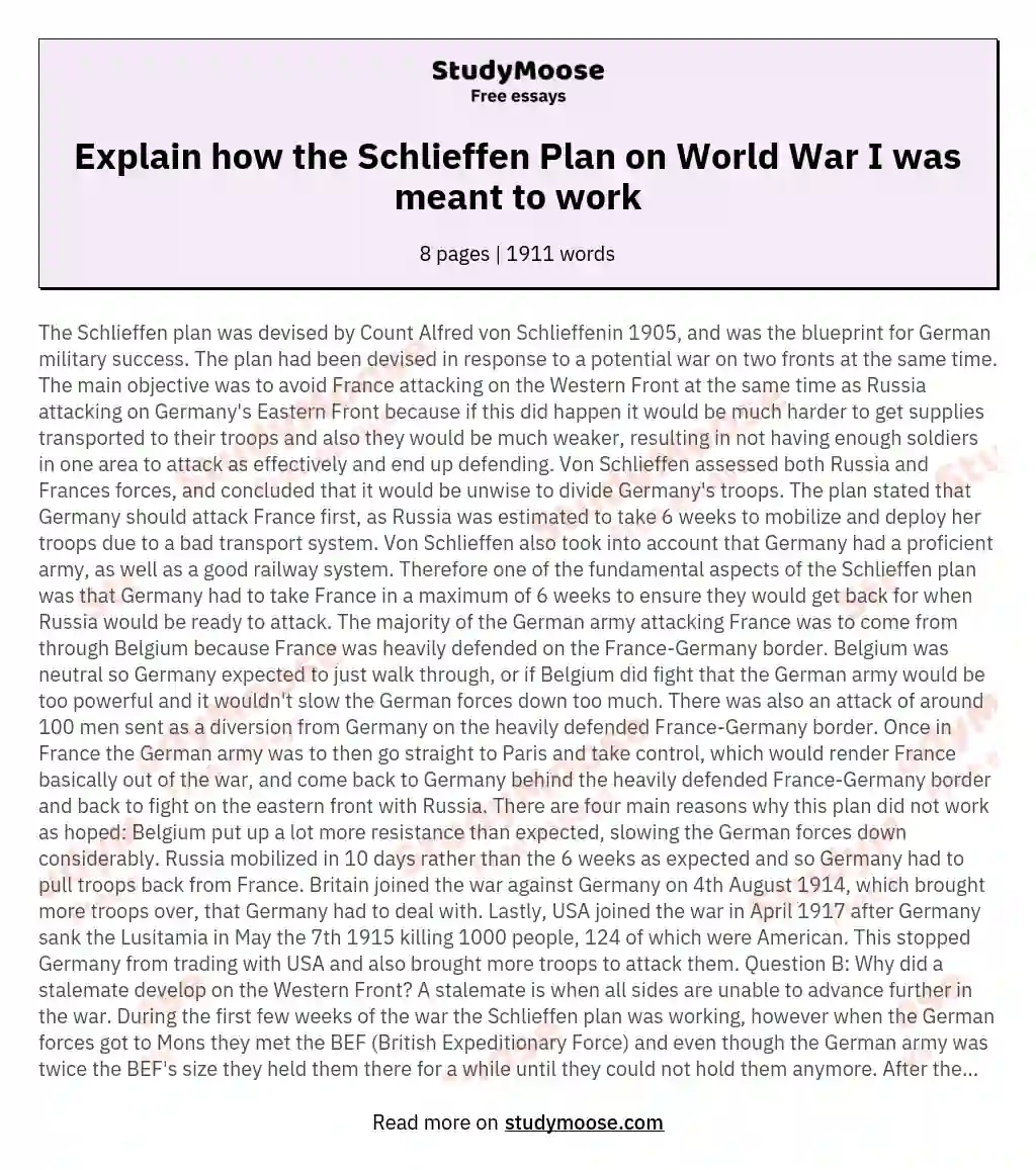 Explain how the Schlieffen Plan on World War I was meant to work essay