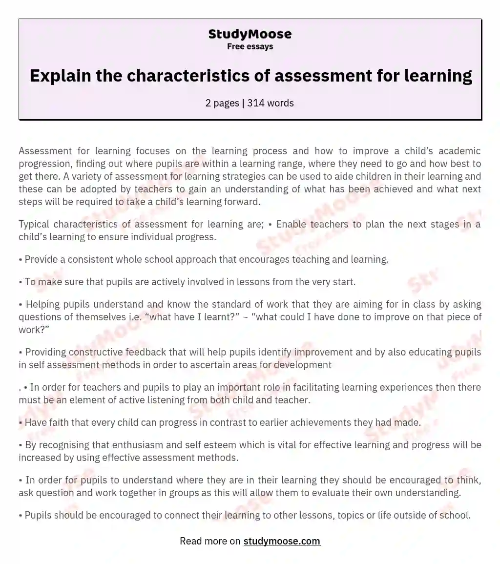 Explain the characteristics of assessment for learning essay