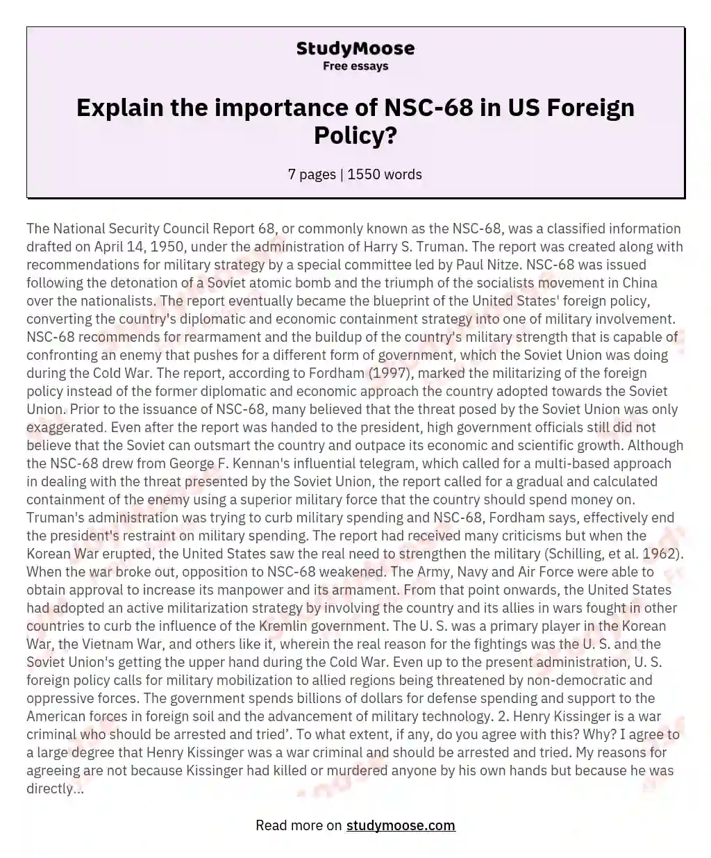 Explain the importance of NSC-68 in US Foreign Policy? essay