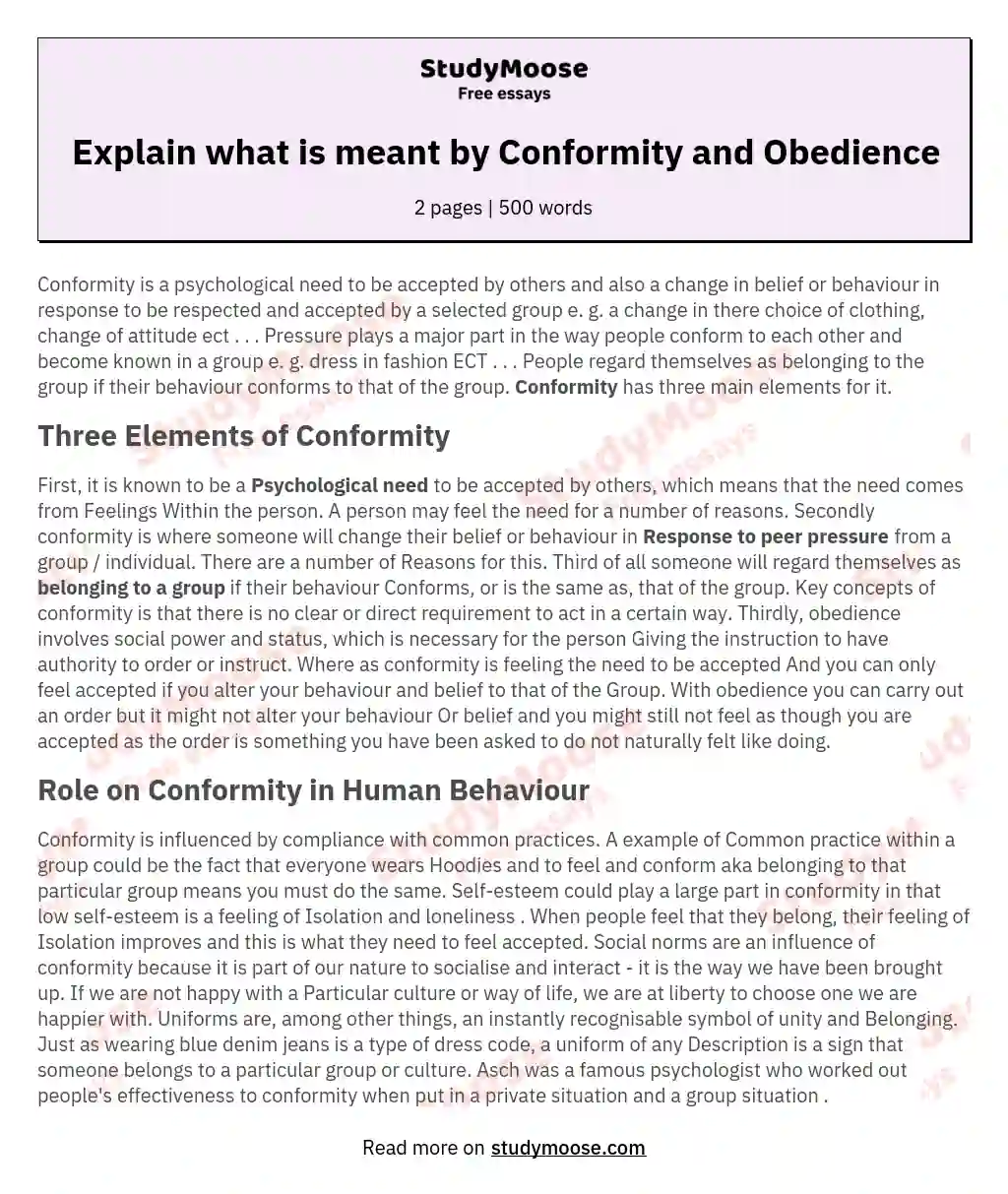 Explain what is meant by Conformity and Obedience essay