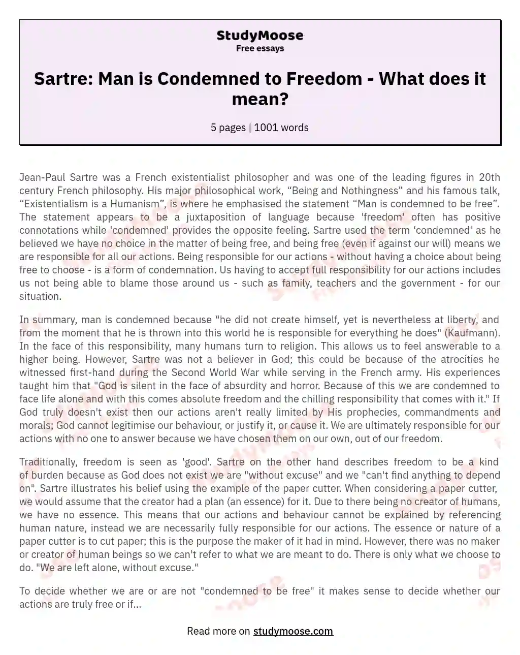Sartre: Man is Condemned to Freedom - What does it mean? essay