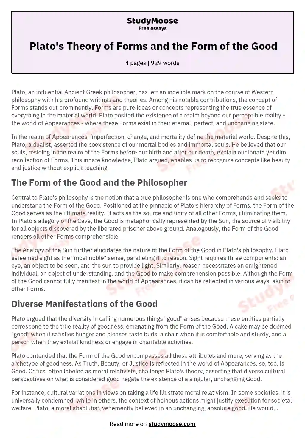 Plato's Theory of Forms and the Form of the Good essay