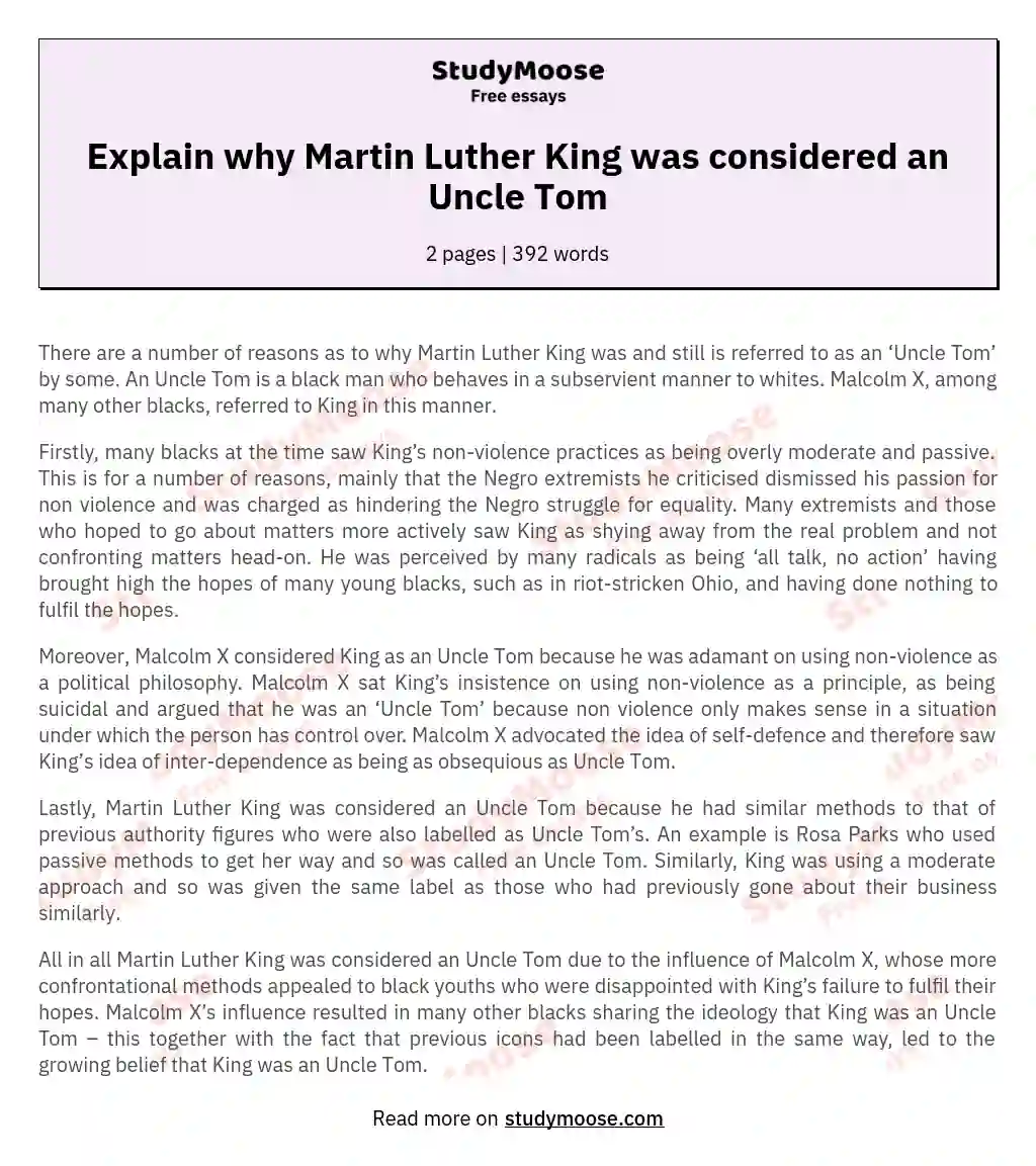 Explain why Martin Luther King was considered an Uncle Tom