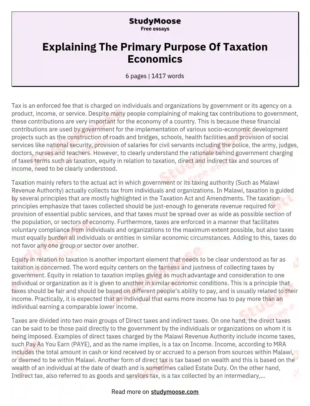 Explaining The Primary Purpose Of Taxation Economics essay