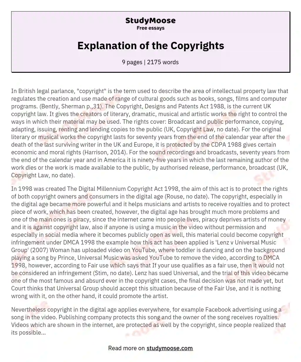 Explanation of the Copyrights essay