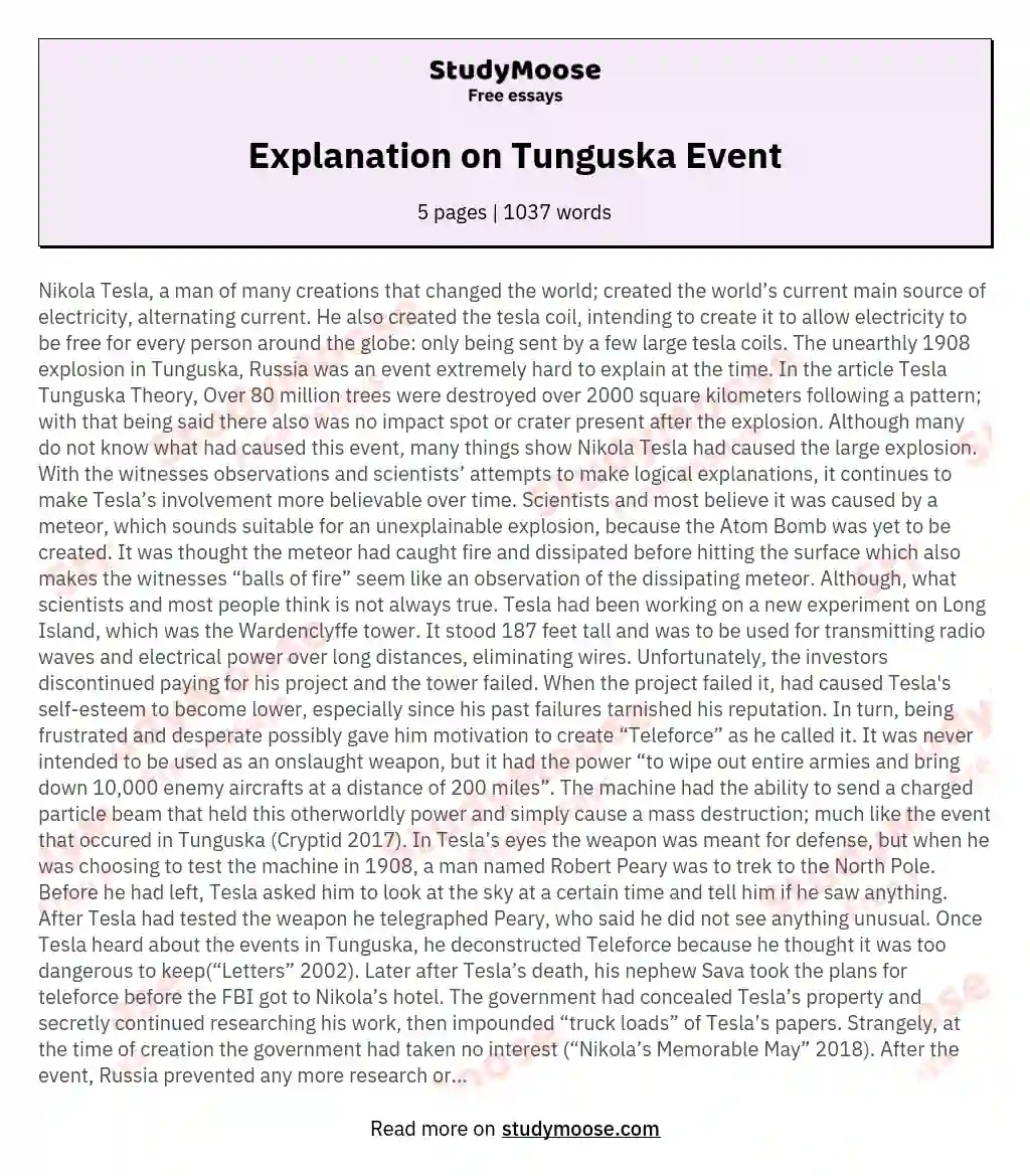 Explanation on Tunguska Event essay