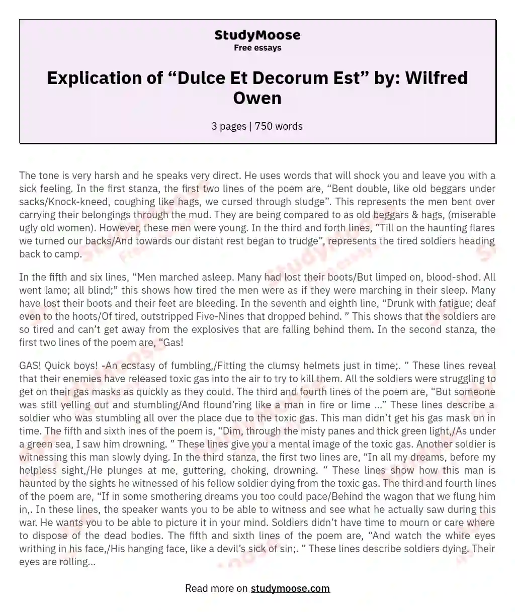 Explication of “Dulce Et Decorum Est” by: Wilfred Owen essay