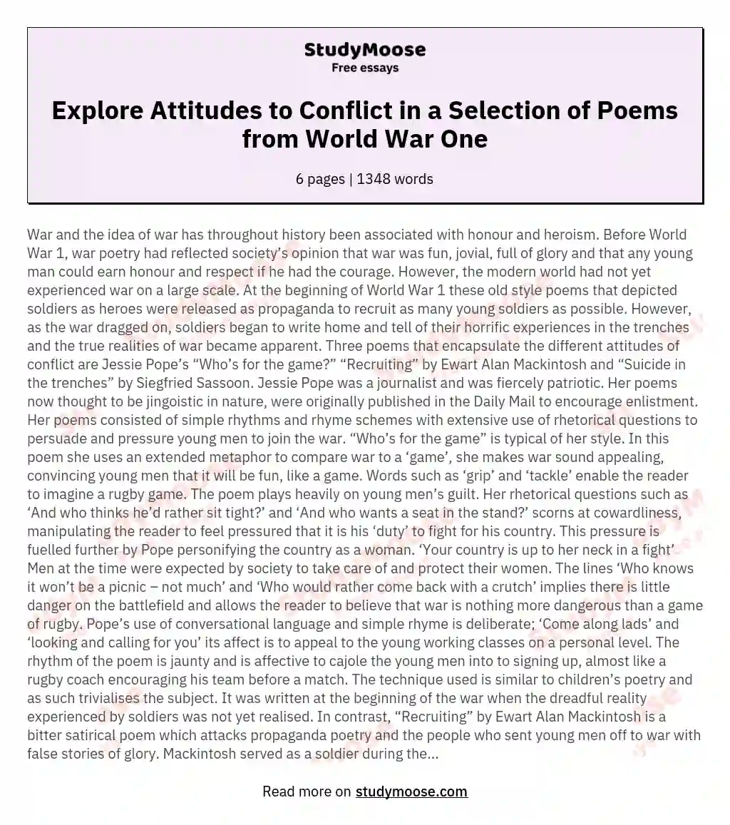 Explore Attitudes to Conflict in a Selection of Poems from World War One essay