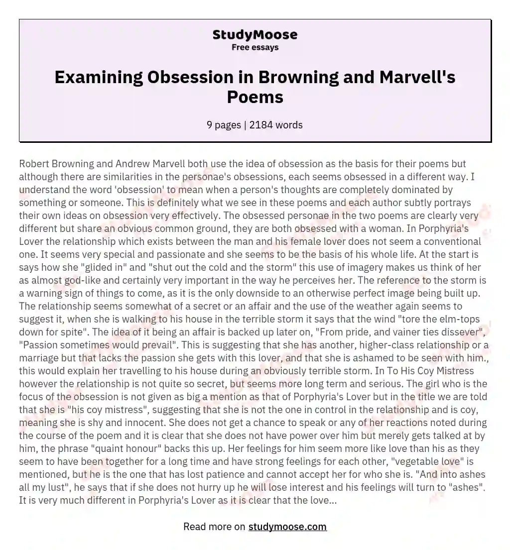 Explore how Browning and Marvell present the theme of Obsession in 'Porphyria's Lover' and 'To His Coy Mistress' 