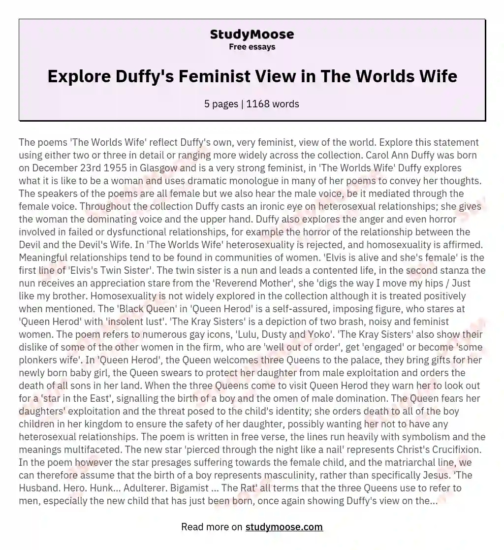 Explore Duffy's Feminist View in The Worlds Wife essay