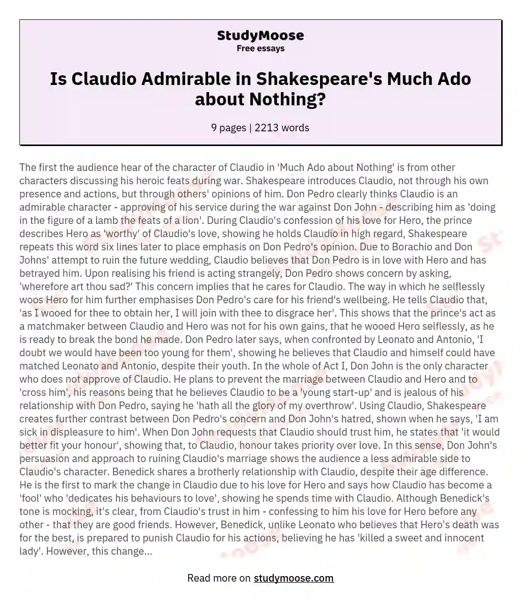 Is Claudio Admirable in Shakespeare's Much Ado about Nothing?