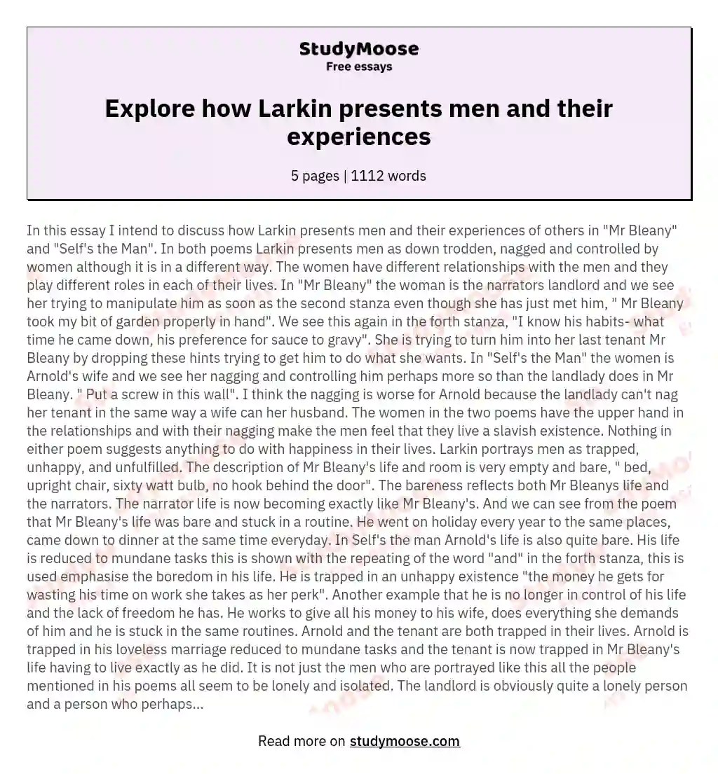 Explore how Larkin presents men and their experiences essay