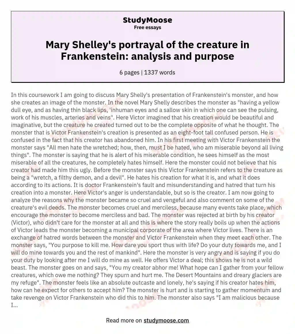 Mary Shelley's portrayal of the creature in Frankenstein: analysis and purpose essay