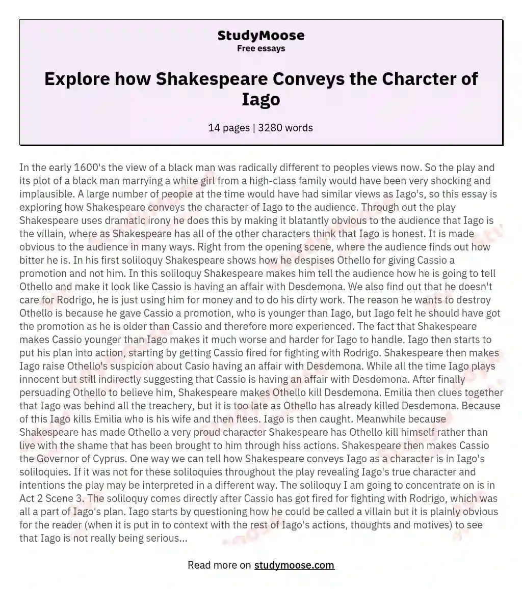 Explore how Shakespeare Conveys the Charcter of Iago essay