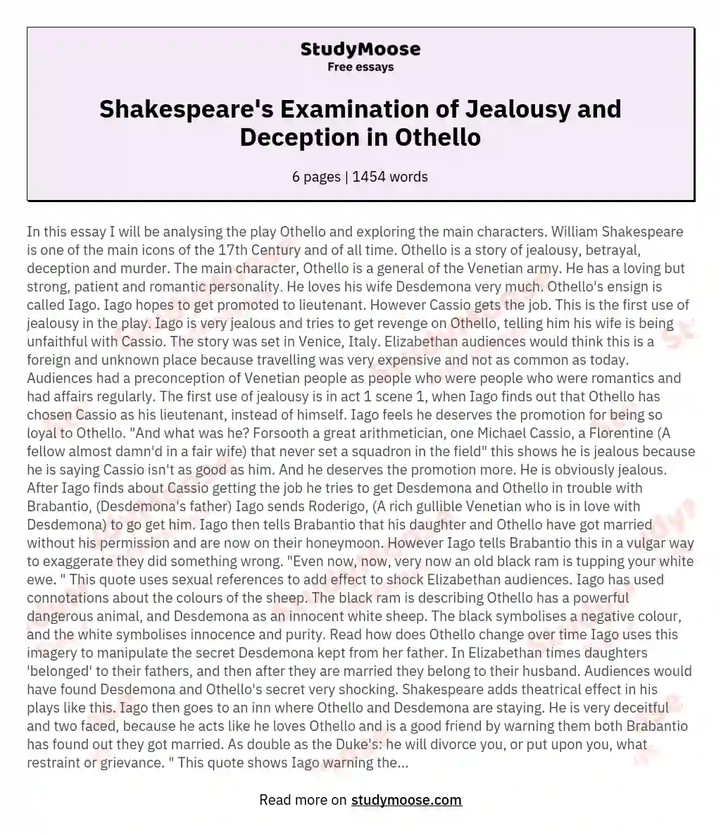 Shakespeare's Examination of Jealousy and Deception in Othello essay