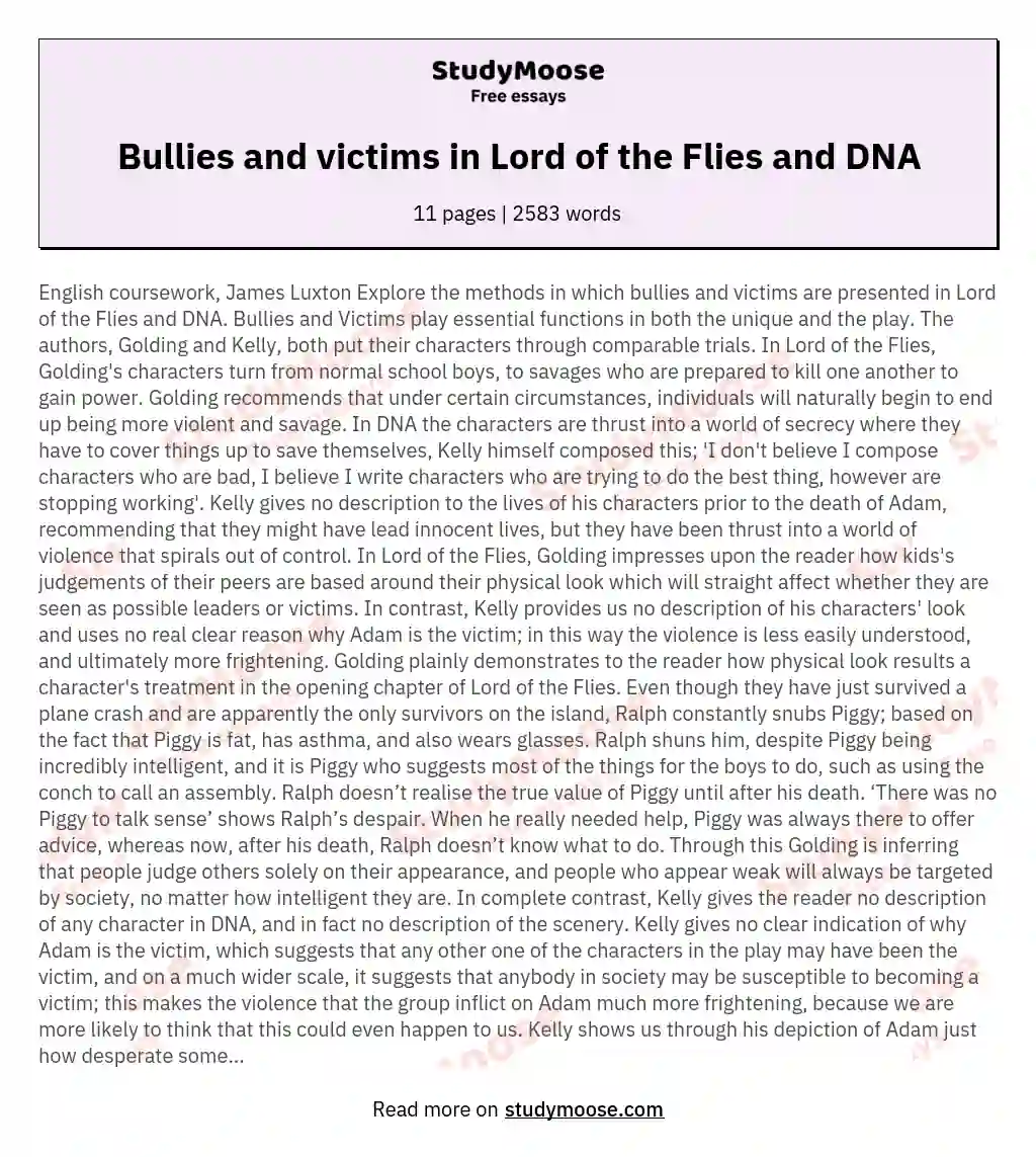 Bullies and victims in Lord of the Flies and DNA essay