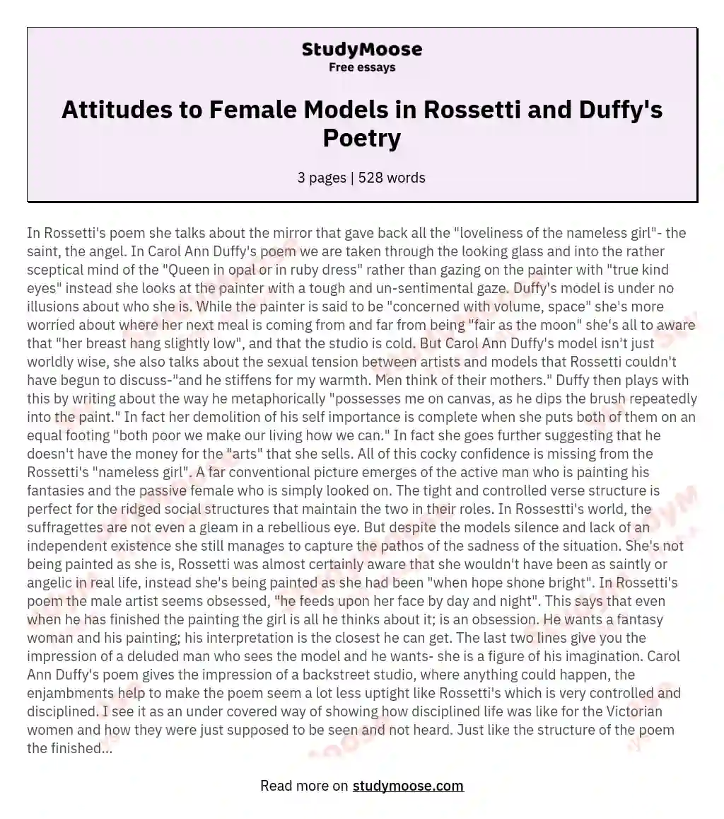 Attitudes to Female Models in Rossetti and Duffy's Poetry essay